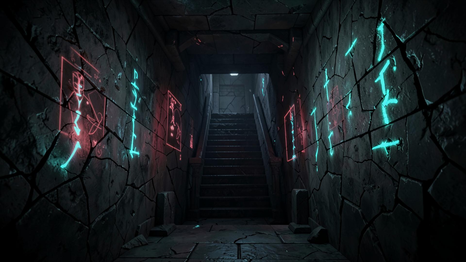 Neon-lit dungeon stairwell descending into darkness